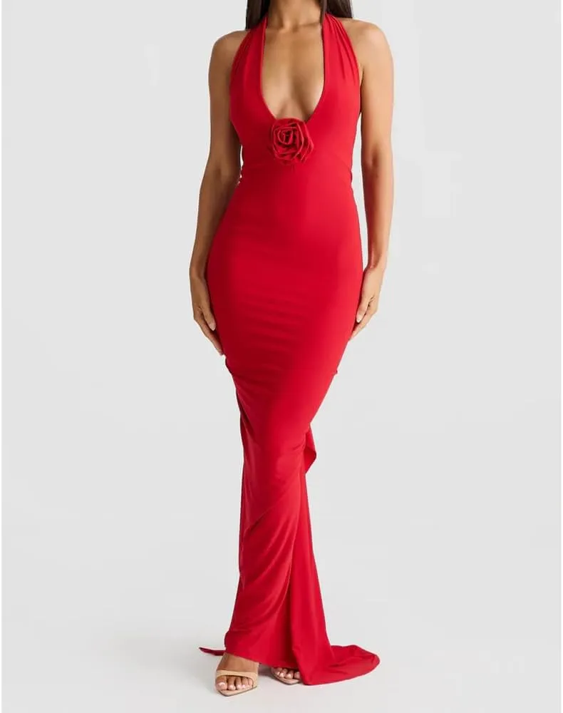 Women Sexy Backless Dress Halter Deep V Neck Detachable Flower Sleeveless Open Back Maxi Dress Cocktail Prom Formal Dresses