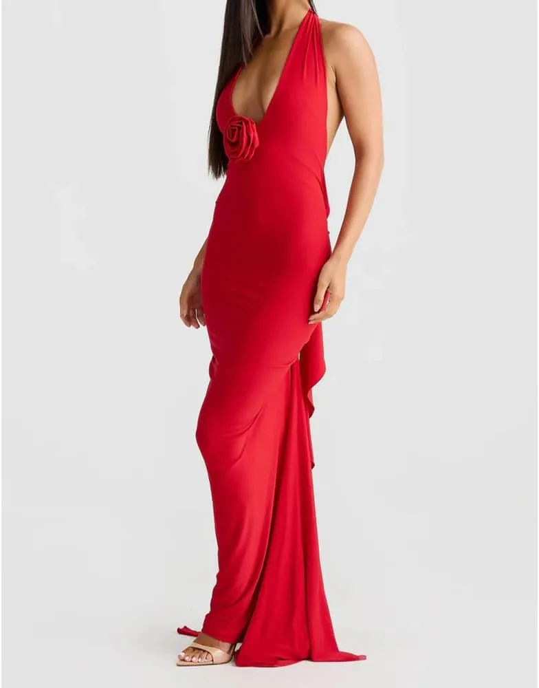 Women Sexy Backless Dress Halter Deep V Neck Detachable Flower Sleeveless Open Back Maxi Dress Cocktail Prom Formal Dresses