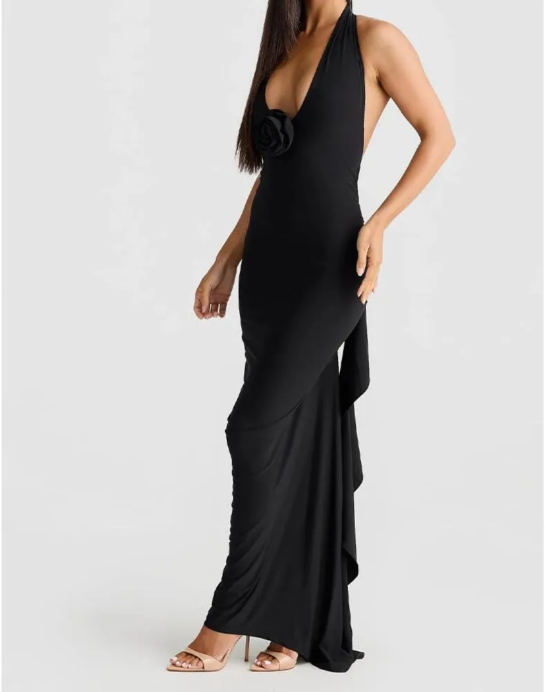 Women Sexy Backless Dress Halter Deep V Neck Detachable Flower Sleeveless Open Back Maxi Dress Cocktail Prom Formal Dresses
