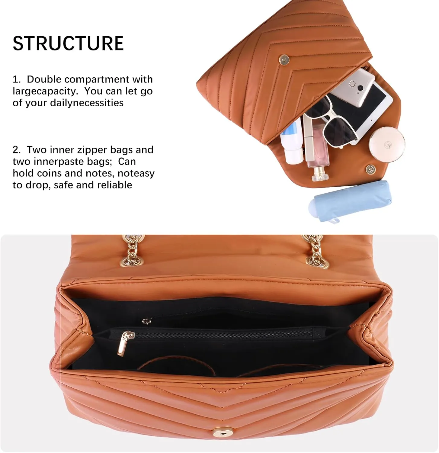 Women Shoulder Bag, Fashionable Quilted Vegan leather Crossbody Purses with Adjustable Chain Designer Purses