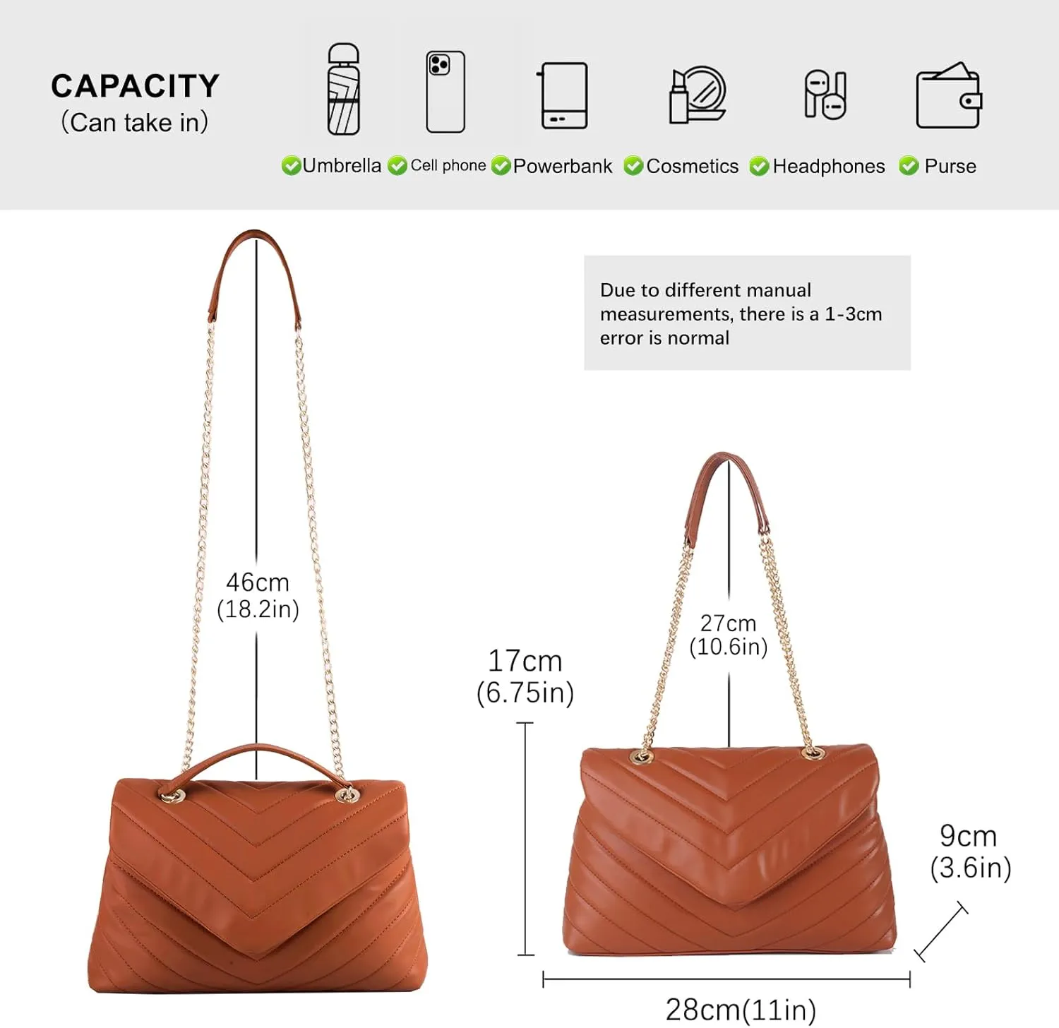 Women Shoulder Bag, Fashionable Quilted Vegan leather Crossbody Purses with Adjustable Chain Designer Purses