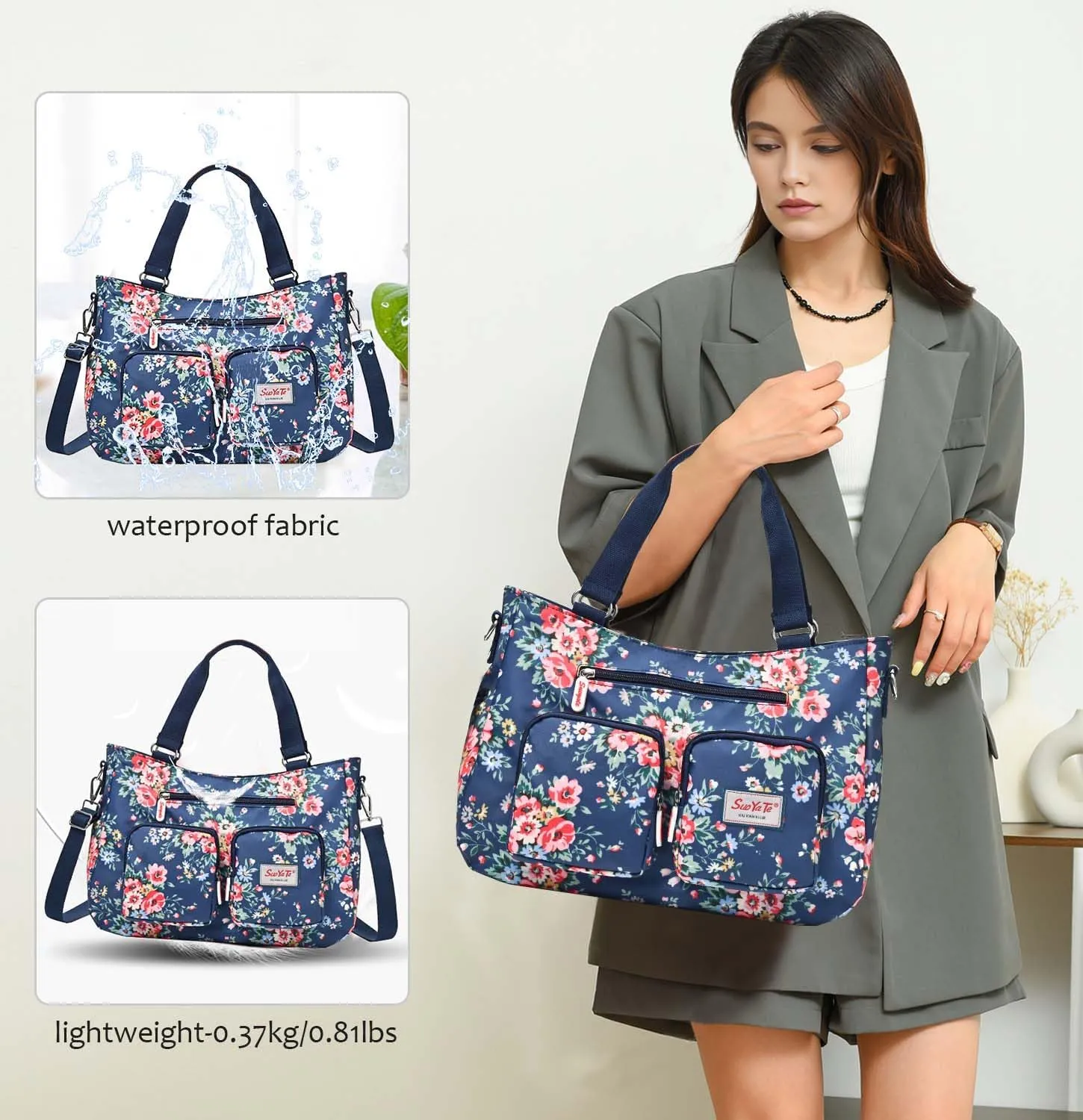 Women Utility Tote Bag Teacher Purses and Handbags for Nurse Waterproof Nylon Multi Pocket Shoulder Bag Work Tote Bag