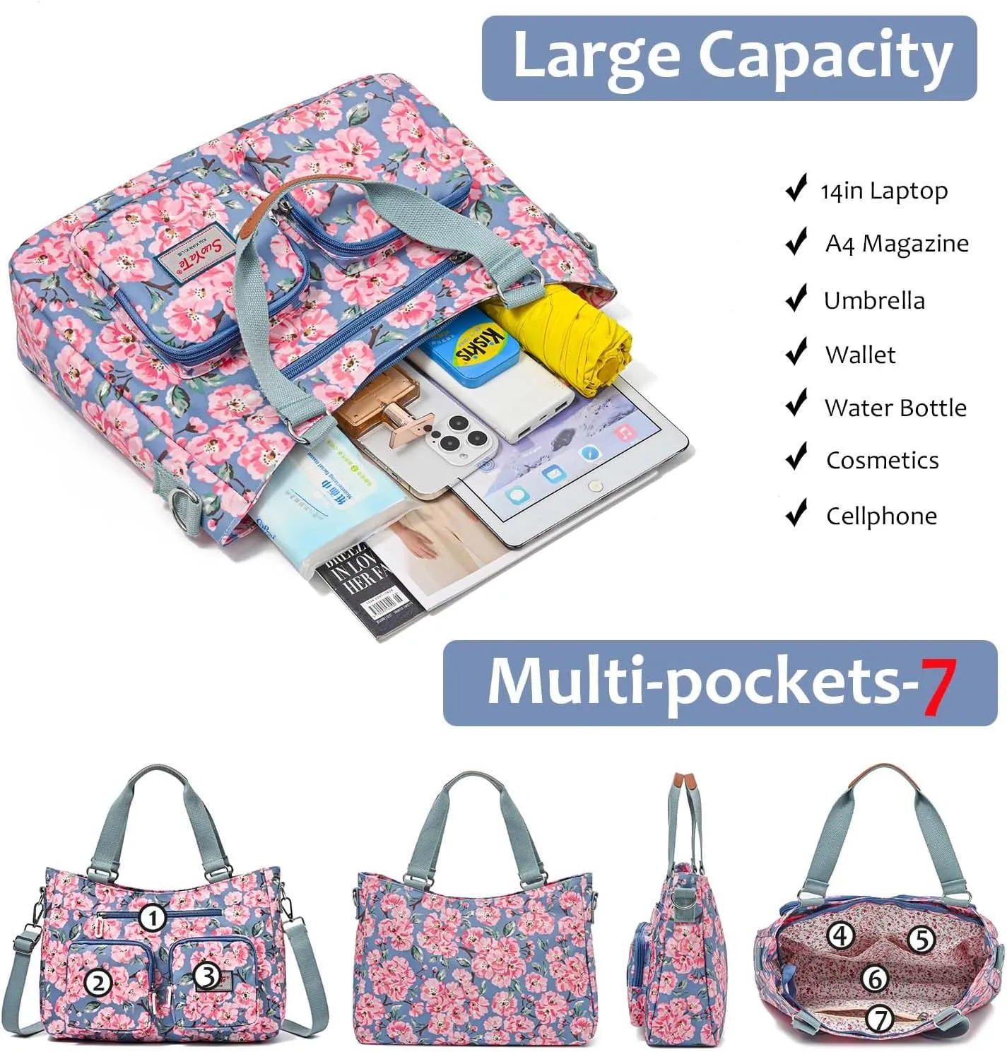 Women Utility Tote Bag Teacher Purses and Handbags for Nurse Waterproof Nylon Multi Pocket Shoulder Bag Work Tote Bag