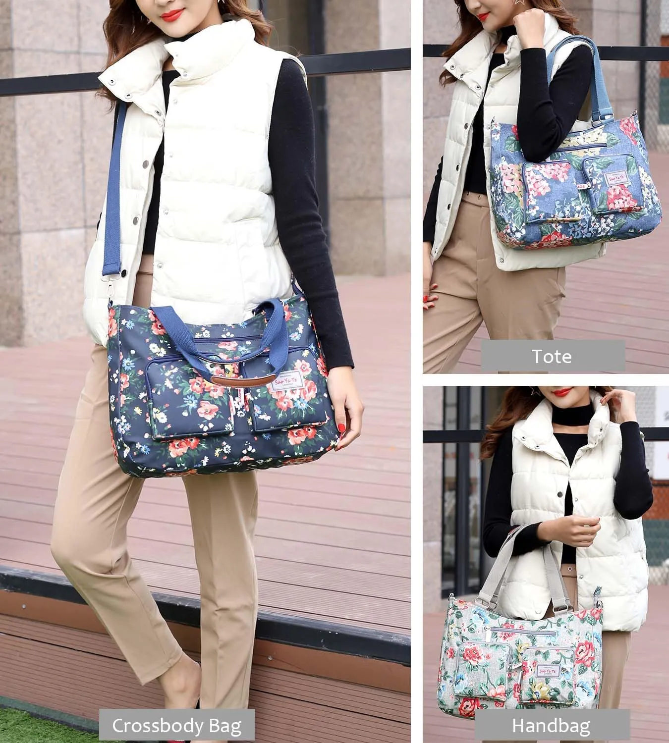 Women Utility Tote Bag Teacher Purses and Handbags for Nurse Waterproof Nylon Multi Pocket Shoulder Bag Work Tote Bag