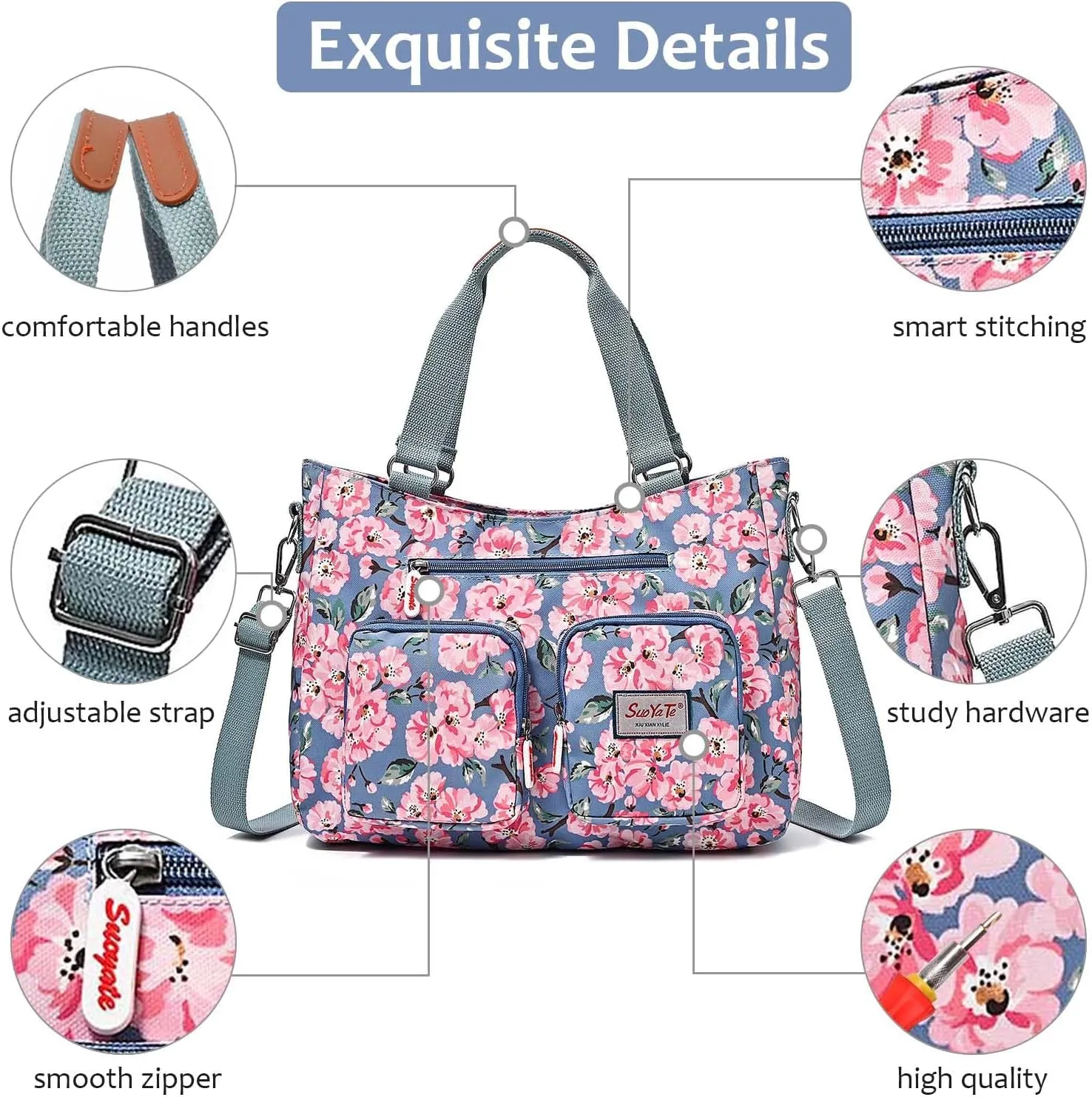 Women Utility Tote Bag Teacher Purses and Handbags for Nurse Waterproof Nylon Multi Pocket Shoulder Bag Work Tote Bag