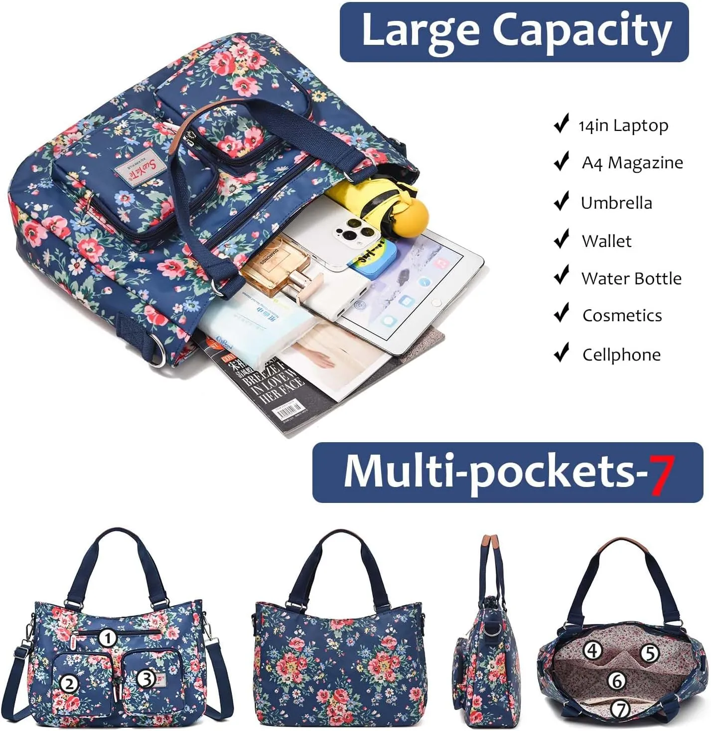 Women Utility Tote Bag Teacher Purses and Handbags for Nurse Waterproof Nylon Multi Pocket Shoulder Bag Work Tote Bag