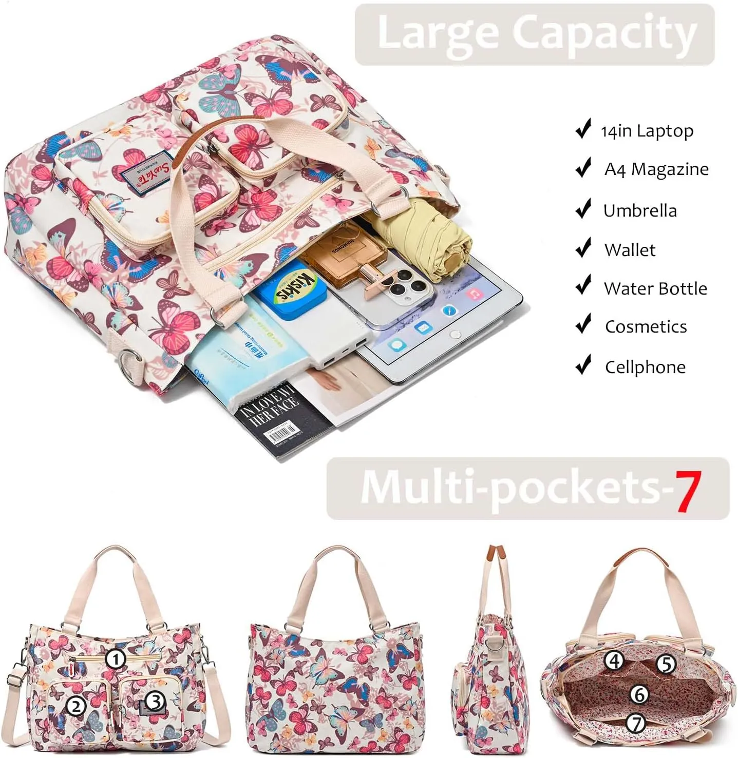 Women Utility Tote Bag Teacher Purses and Handbags for Nurse Waterproof Nylon Multi Pocket Shoulder Bag Work Tote Bag