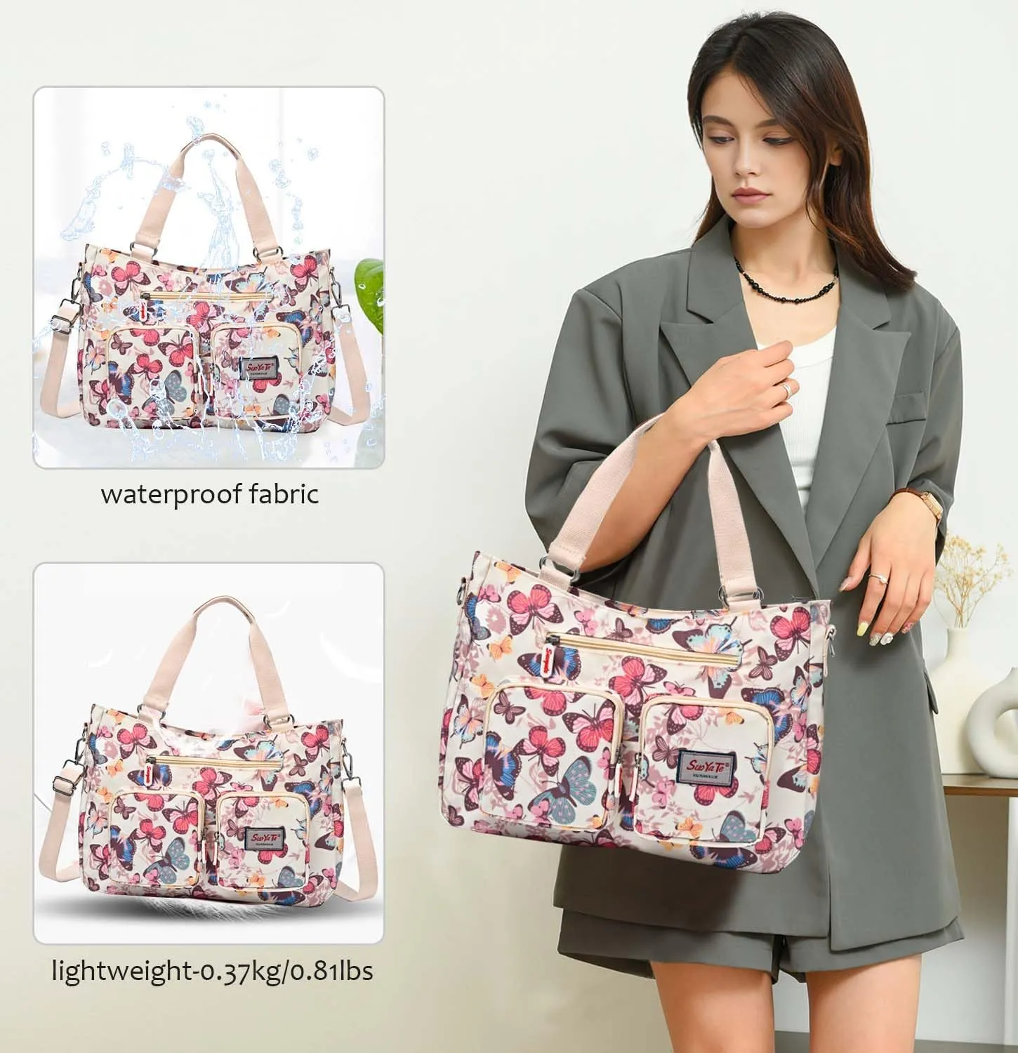 Women Utility Tote Bag Teacher Purses and Handbags for Nurse Waterproof Nylon Multi Pocket Shoulder Bag Work Tote Bag