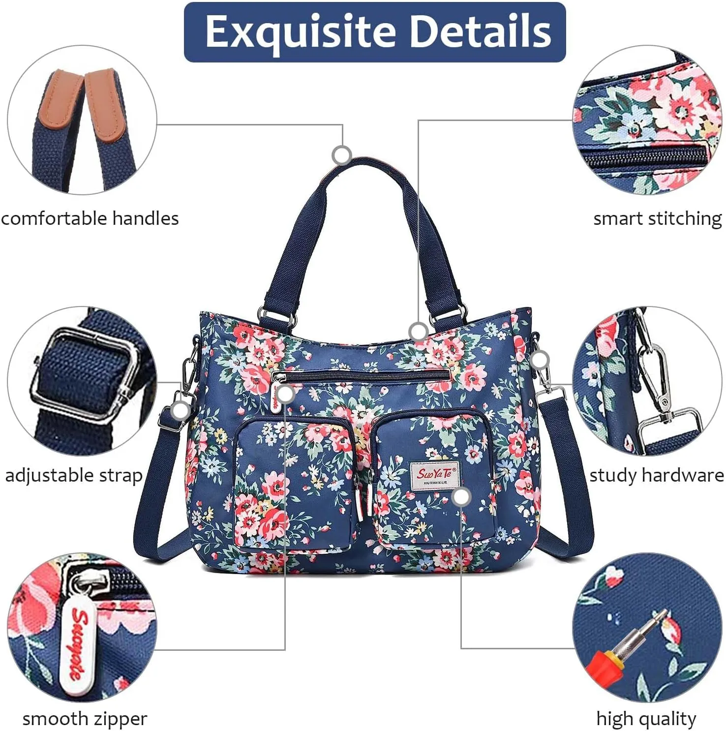Women Utility Tote Bag Teacher Purses and Handbags for Nurse Waterproof Nylon Multi Pocket Shoulder Bag Work Tote Bag