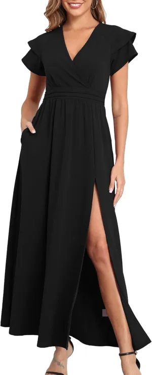 Women V Neck Short Sleeve Sexy Split 2025 Wedding Guest Cocktail Prom Party Flowy Wrap Maxi Dress with Pockets