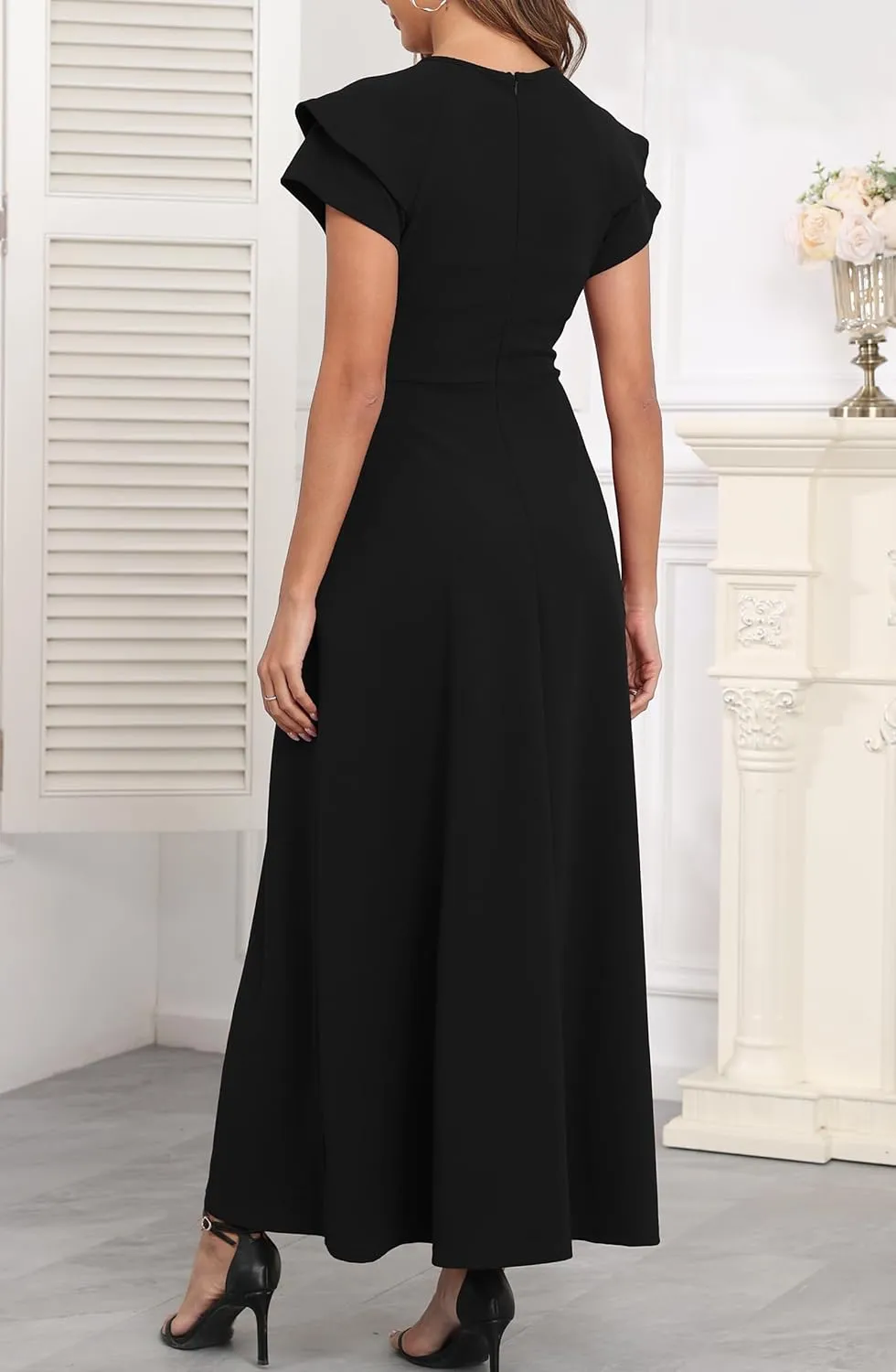 Women V Neck Short Sleeve Sexy Split 2025 Wedding Guest Cocktail Prom Party Flowy Wrap Maxi Dress with Pockets