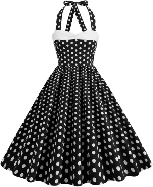 Women Vintage 1950s Retro Polka Dot Swing Dress Sleeveless Backless Halter Neck