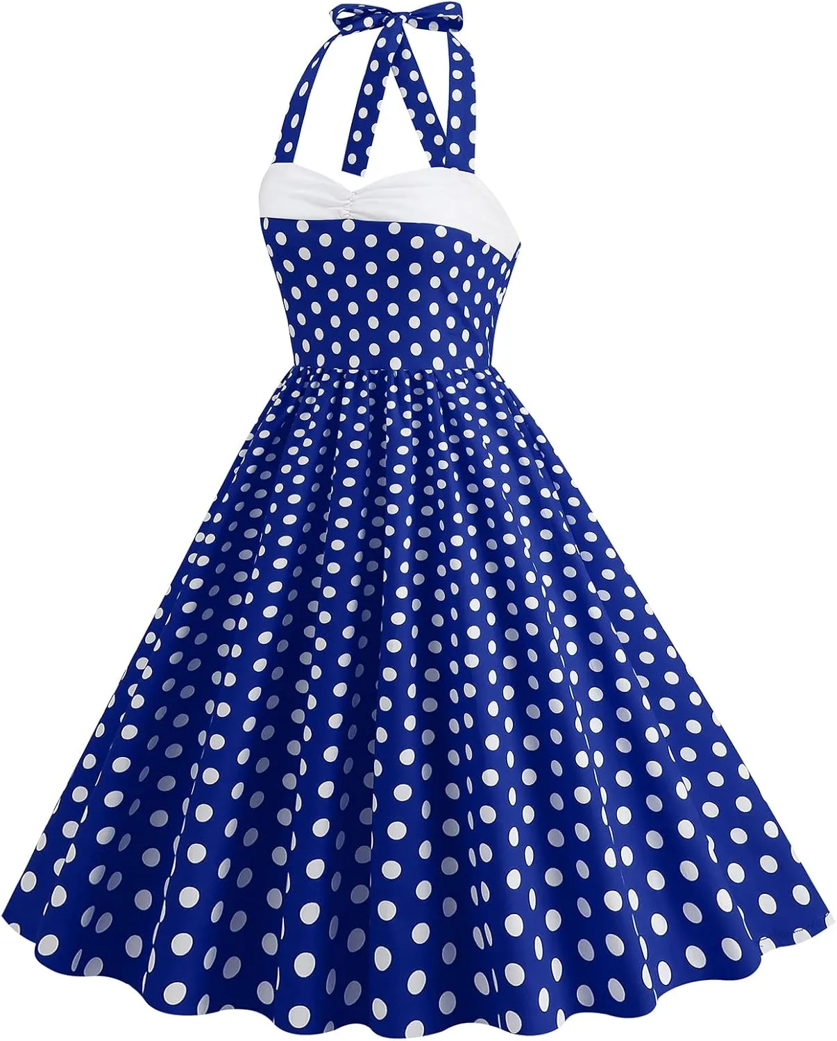 Women Vintage 1950s Retro Polka Dot Swing Dress Sleeveless Backless Halter Neck