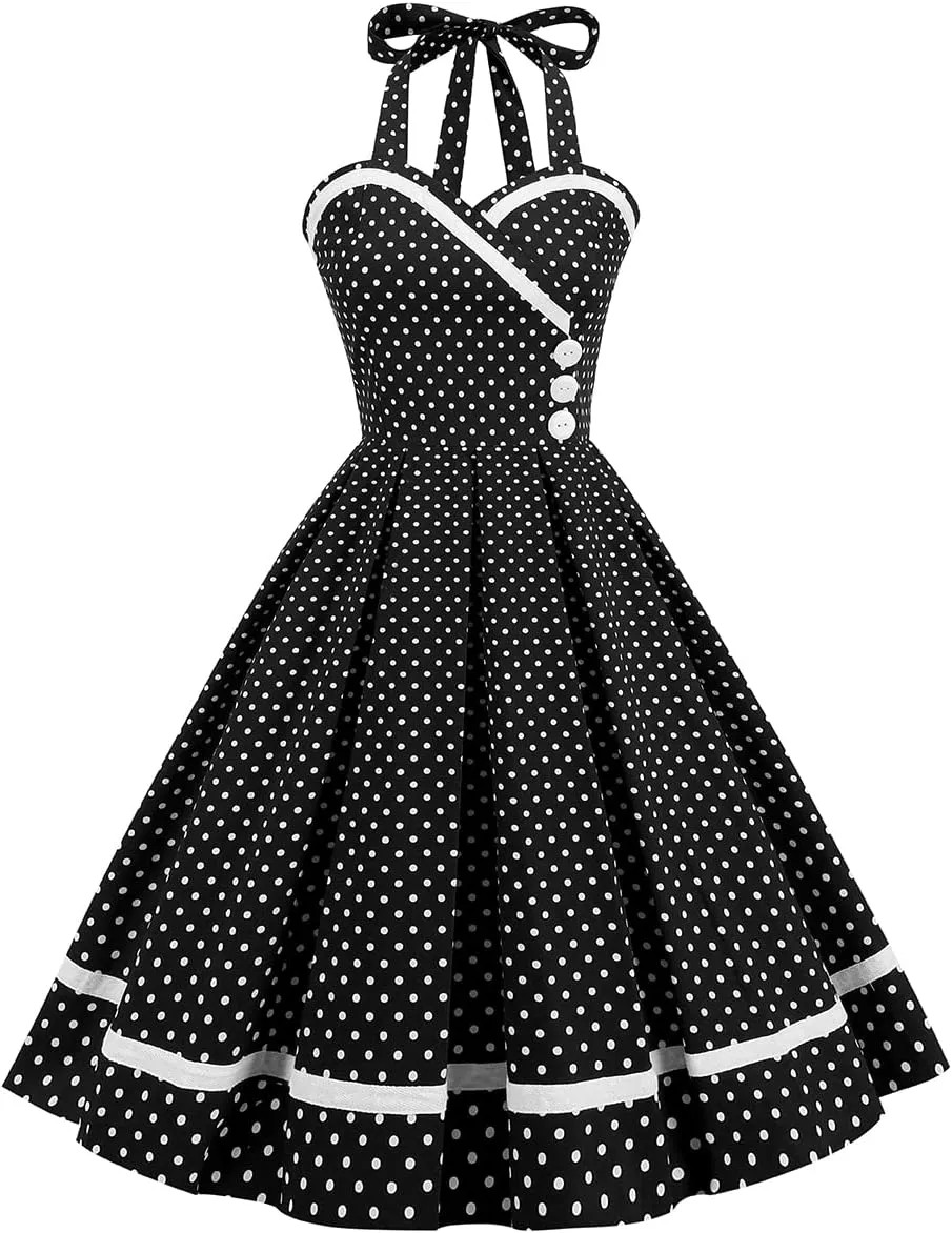 Women Vintage 1950s Retro Polka Dot Swing Dress Sleeveless Backless Halter Neck
