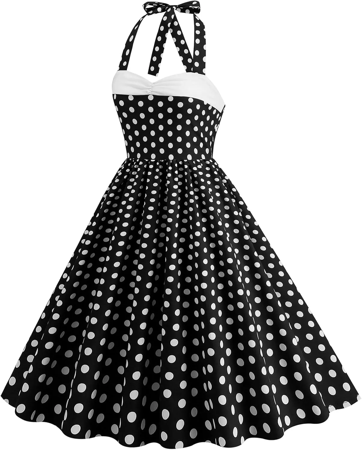 Women Vintage 1950s Retro Polka Dot Swing Dress Sleeveless Backless Halter Neck