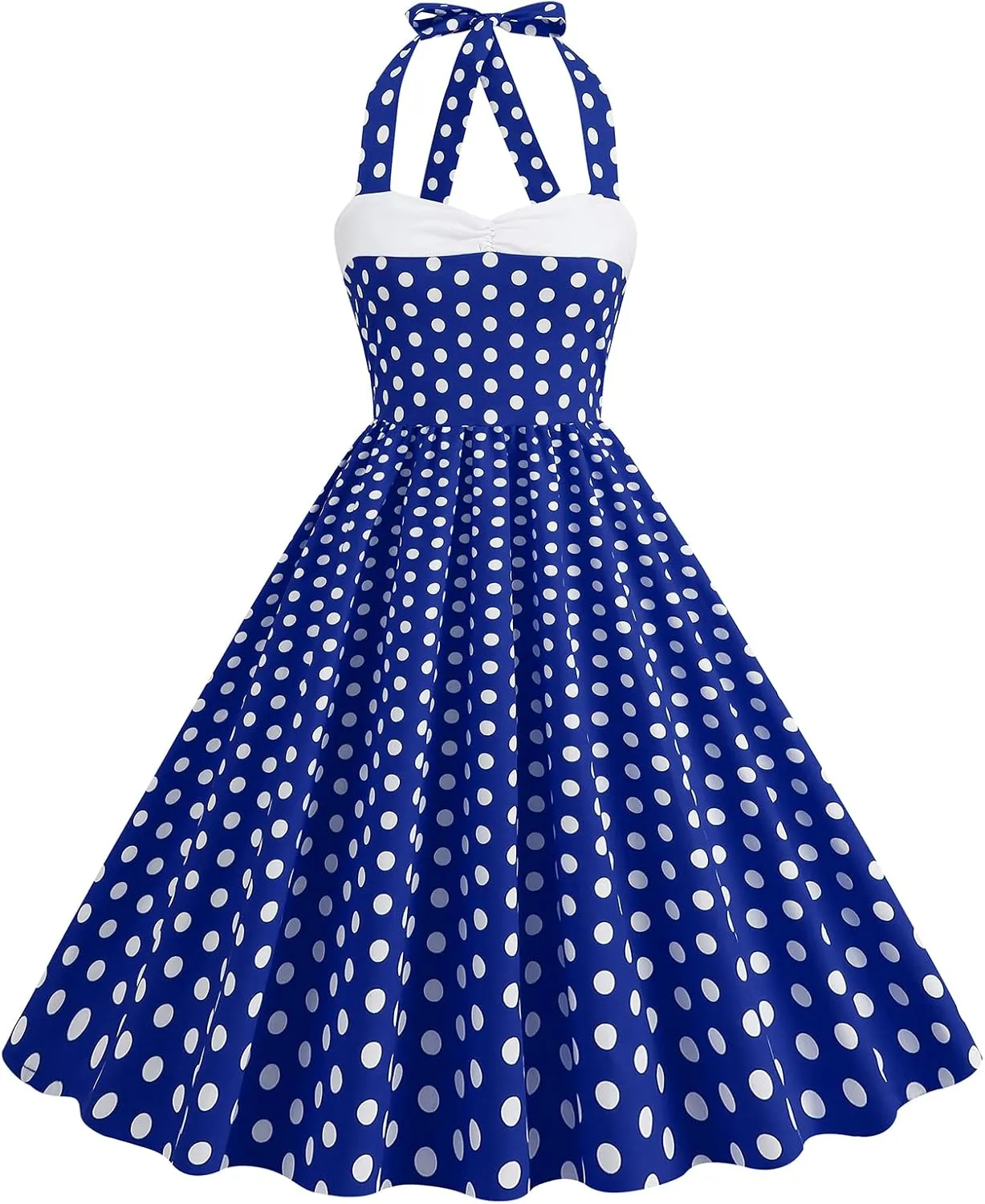 Women Vintage 1950s Retro Polka Dot Swing Dress Sleeveless Backless Halter Neck