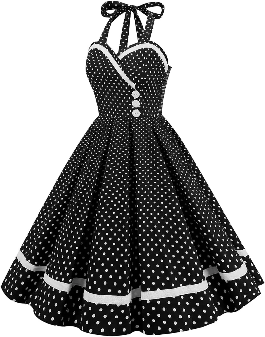 Women Vintage 1950s Retro Polka Dot Swing Dress Sleeveless Backless Halter Neck