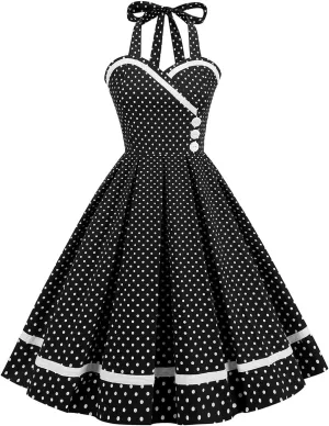 Women Vintage 1950s Retro Polka Dot Swing Dress Sleeveless Backless Halter Neck