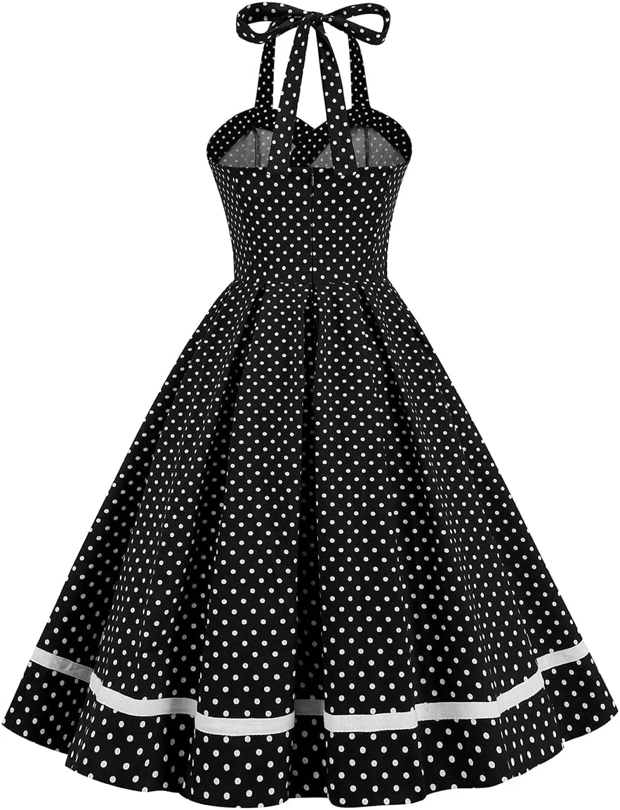 Women Vintage 1950s Retro Polka Dot Swing Dress Sleeveless Backless Halter Neck