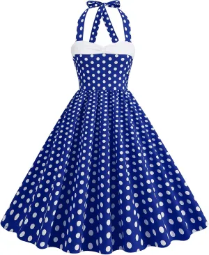 Women Vintage 1950s Retro Polka Dot Swing Dress Sleeveless Backless Halter Neck