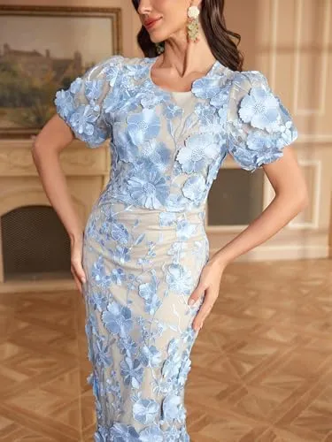 Women's 3D Floral Embroidery Dress 2025 Bodycon Ruffle Sleeve Fishtail Lace Cocktail Party Mixi Dresses