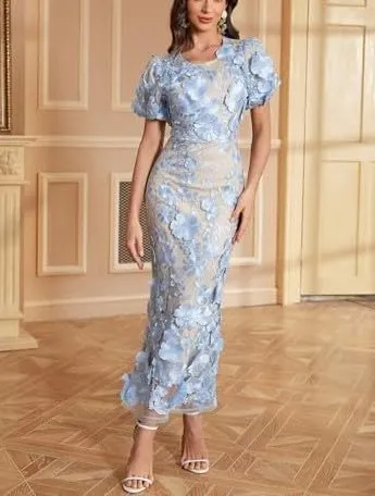 Women's 3D Floral Embroidery Dress 2025 Bodycon Ruffle Sleeve Fishtail Lace Cocktail Party Mixi Dresses