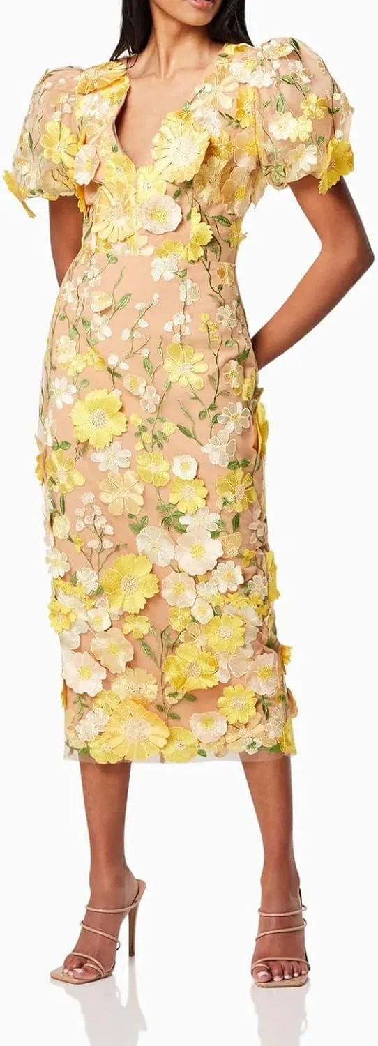 Women's 3D Floral Embroidery Dress 2025 Bodycon Ruffle Sleeve Fishtail Lace Cocktail Party Mixi Dresses