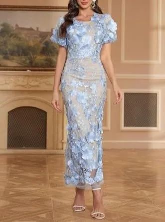 Women's 3D Floral Embroidery Dress 2025 Bodycon Ruffle Sleeve Fishtail Lace Cocktail Party Mixi Dresses