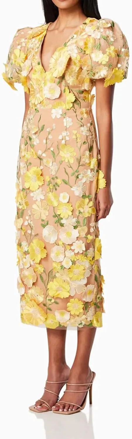 Women's 3D Floral Embroidery Dress 2025 Bodycon Ruffle Sleeve Fishtail Lace Cocktail Party Mixi Dresses