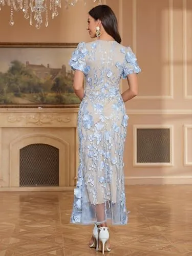 Women's 3D Floral Embroidery Dress 2025 Bodycon Ruffle Sleeve Fishtail Lace Cocktail Party Mixi Dresses