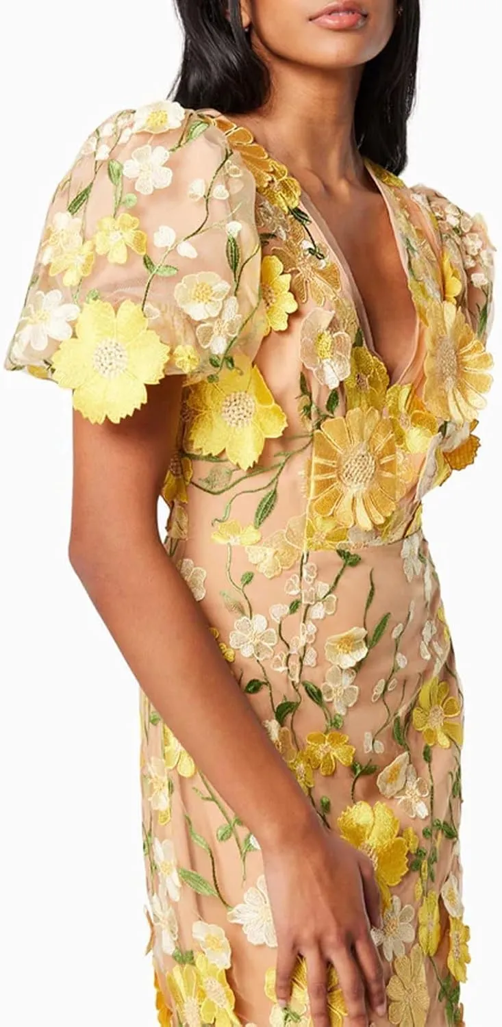 Women's 3D Floral Embroidery Dress 2025 Bodycon Ruffle Sleeve Fishtail Lace Cocktail Party Mixi Dresses