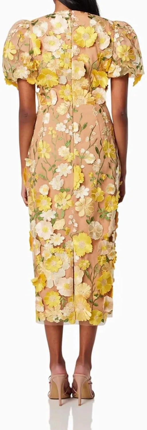 Women's 3D Floral Embroidery Dress 2025 Bodycon Ruffle Sleeve Fishtail Lace Cocktail Party Mixi Dresses