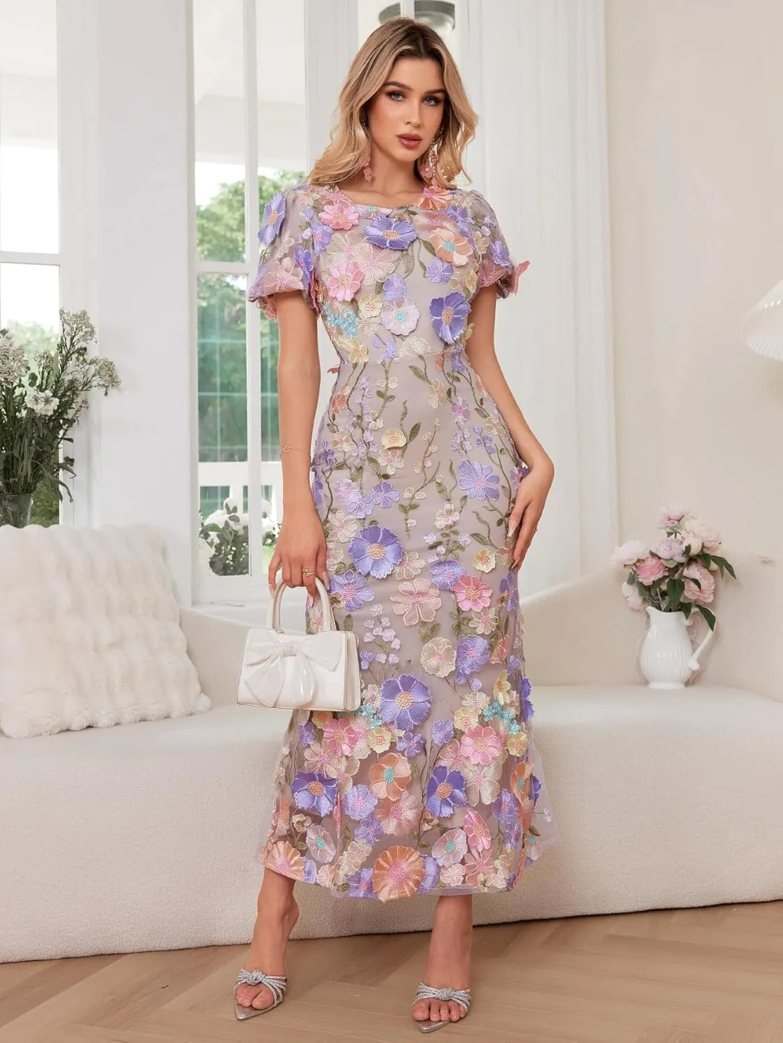 Women's 3D Floral Embroidery Dress Ruffle Sleeve Fishtail Lace Bodycon Party Cocktail Mixi Dress