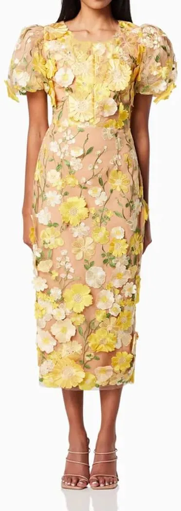 Women's 3D Floral Embroidery Dress Ruffle Sleeve Fishtail Lace Bodycon Party Cocktail Mixi Dress