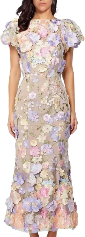 Women's 3D Floral Embroidery Dress Ruffle Sleeve Fishtail Lace Bodycon Party Cocktail Mixi Dress