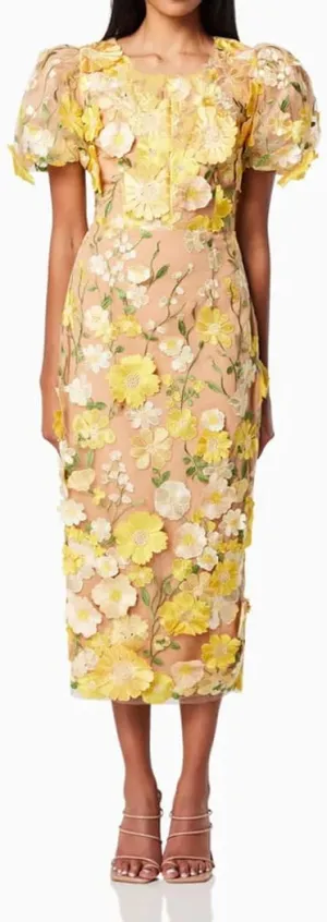Women's 3D Floral Embroidery Dress Ruffle Sleeve Fishtail Lace Bodycon Party Cocktail Mixi Dress