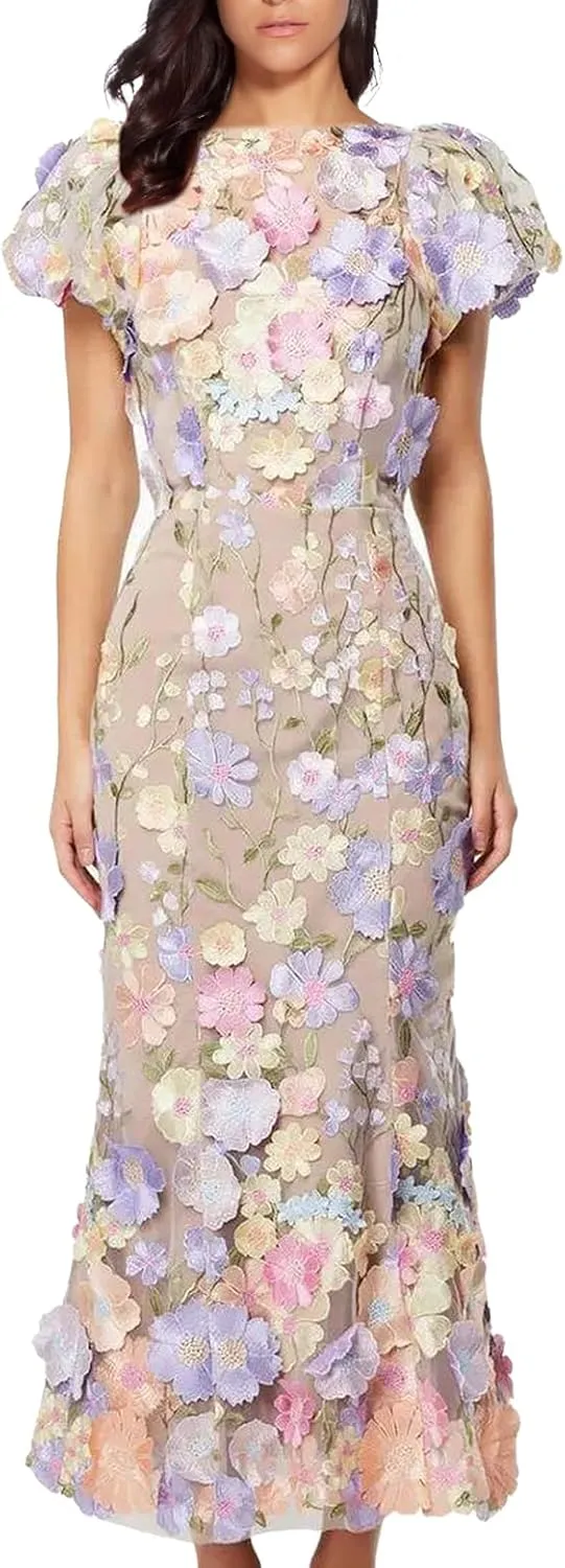 Women's 3D Floral Embroidery Dress Ruffle Sleeve Fishtail Lace Bodycon Party Cocktail Mixi Dress