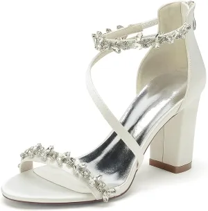 Women's Block Chunky High Heels Open Toe Crystal Wedding Pumps Ankle Strap Evening Prom Dance Party Dress Pump Sandals Shoes