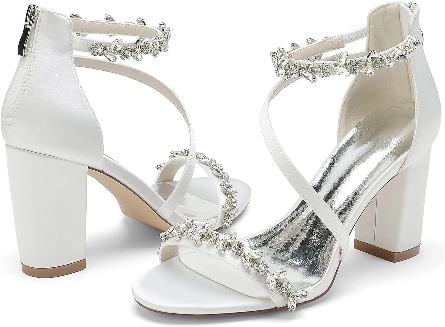 Women's Block Chunky High Heels Open Toe Crystal Wedding Pumps Ankle Strap Evening Prom Dance Party Dress Pump Sandals Shoes