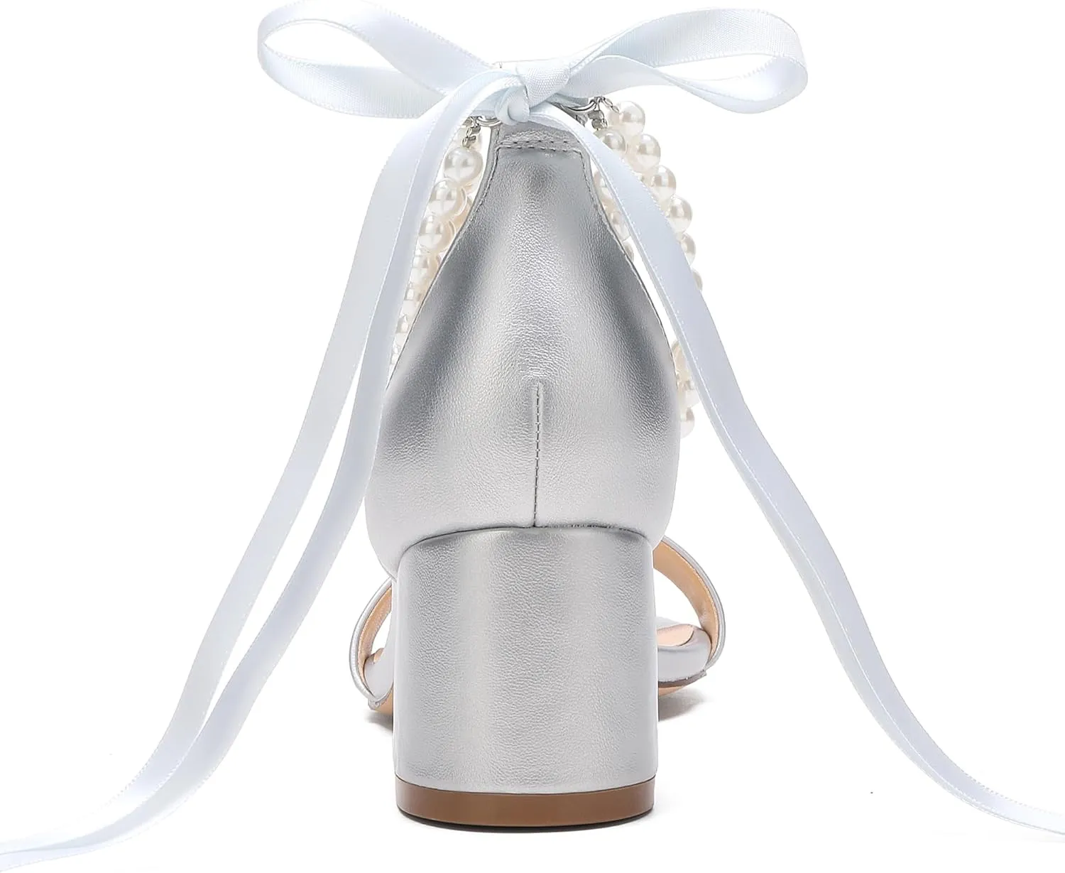 Women's Block Heels Pearl Wedding Shoes for Bride, Open Toe Chunky Low Heel Bridal Shoes