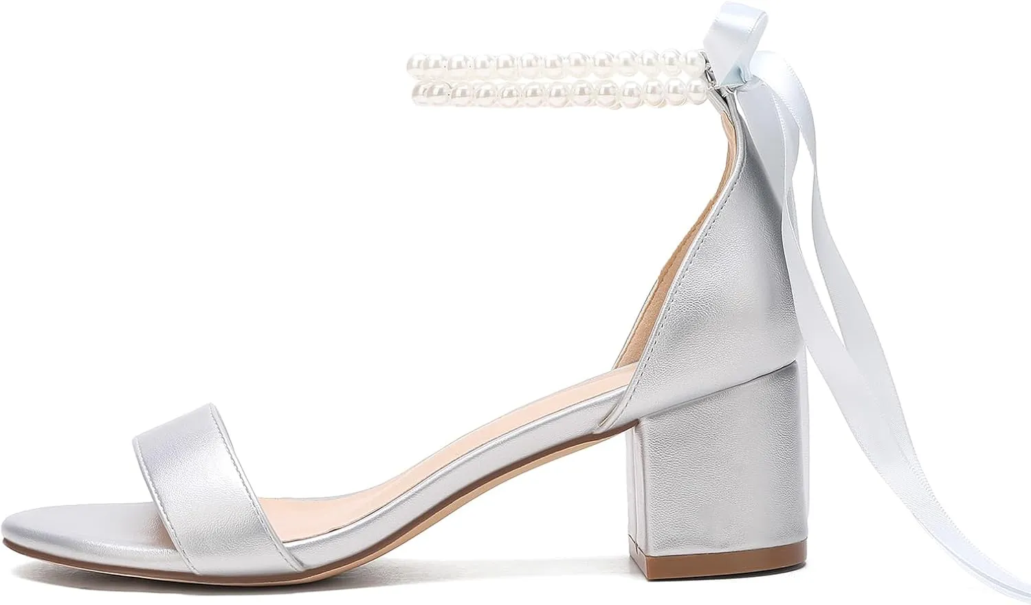 Women's Block Heels Pearl Wedding Shoes for Bride, Open Toe Chunky Low Heel Bridal Shoes