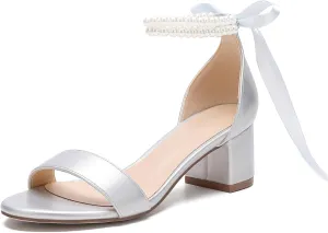 Women's Block Heels Pearl Wedding Shoes for Bride, Open Toe Chunky Low Heel Bridal Shoes