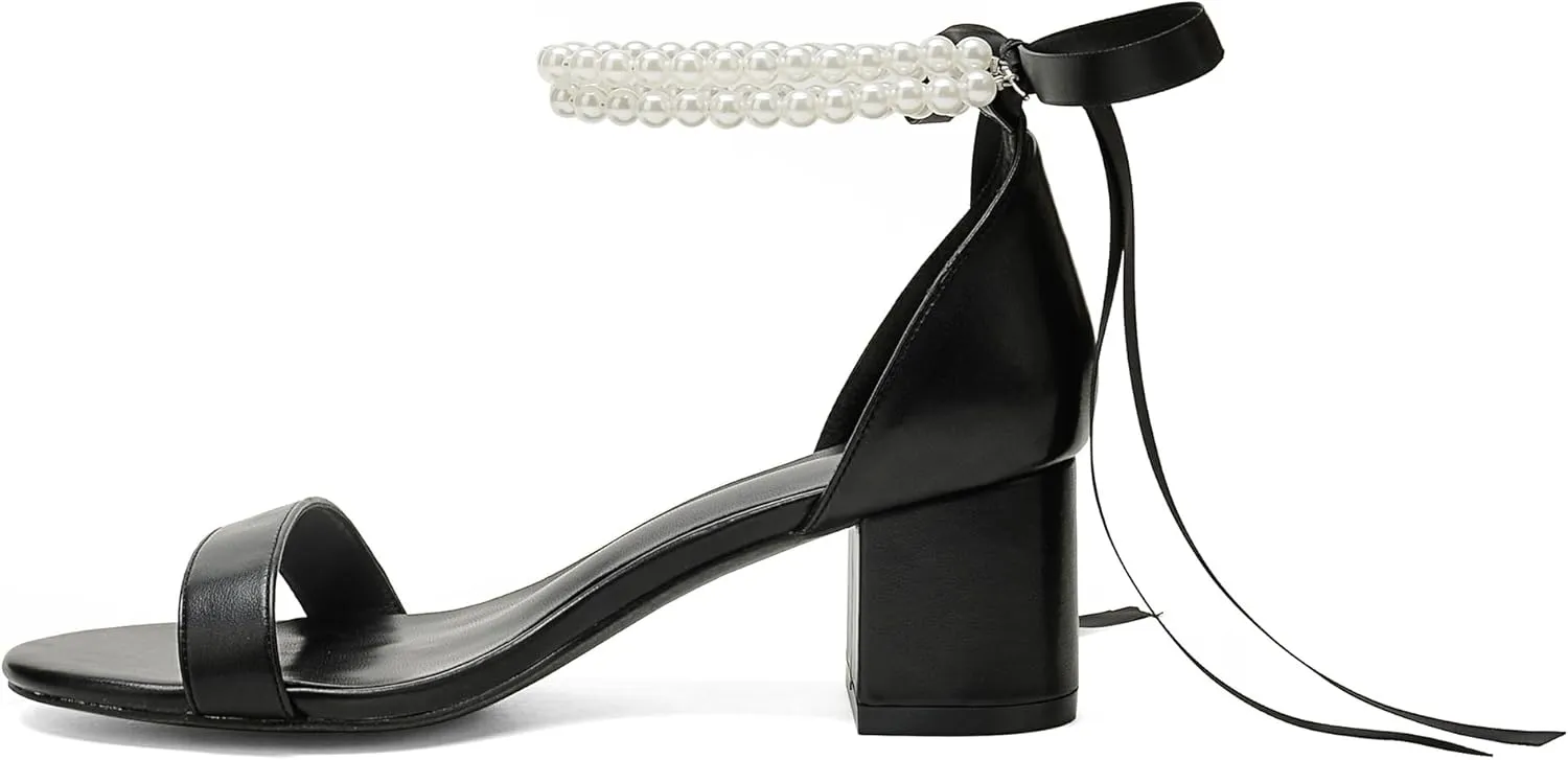 Women's Block Heels Pearl Wedding Shoes for Bride, Open Toe Chunky Low Heel Bridal Shoes
