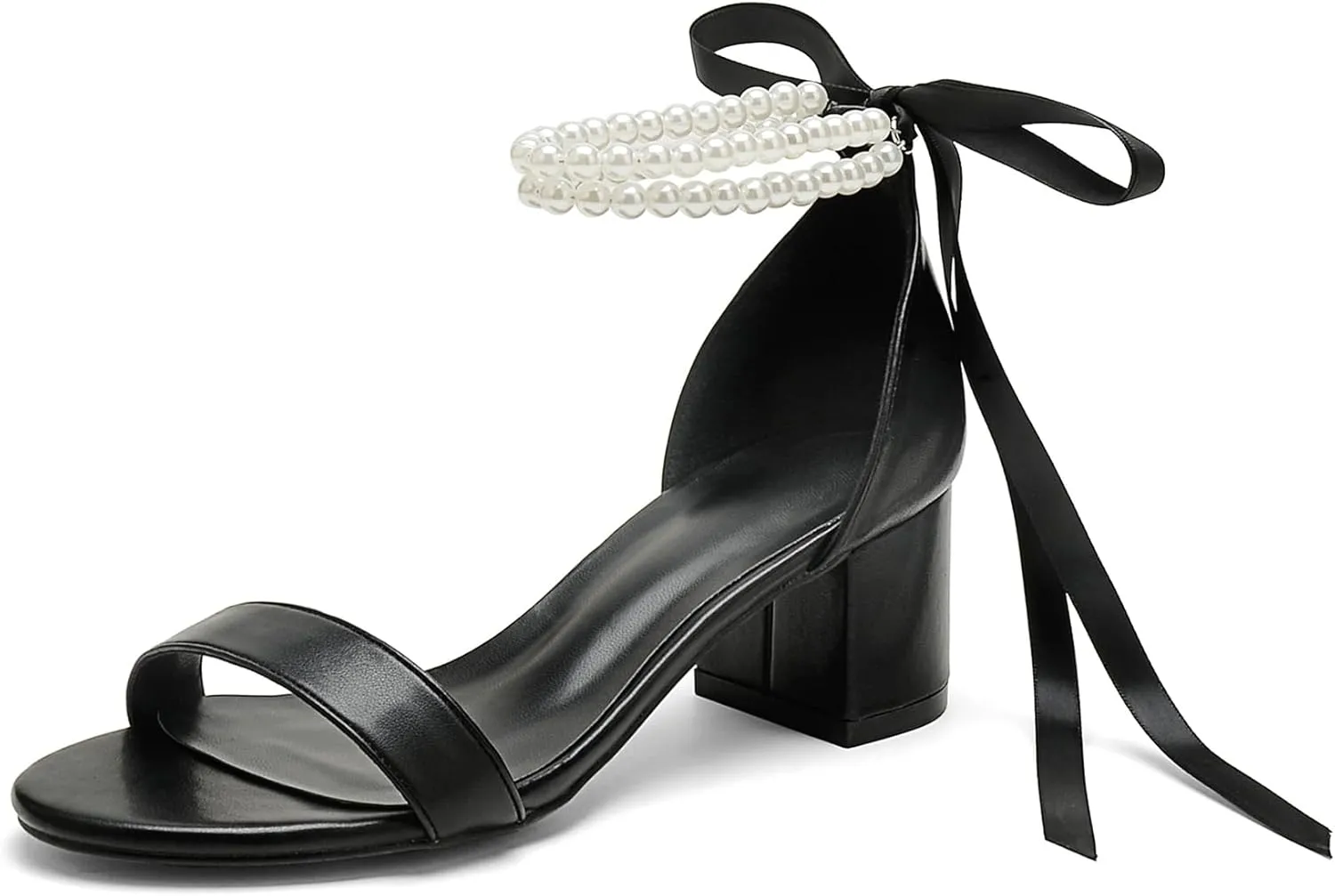 Women's Block Heels Pearl Wedding Shoes for Bride, Open Toe Chunky Low Heel Bridal Shoes