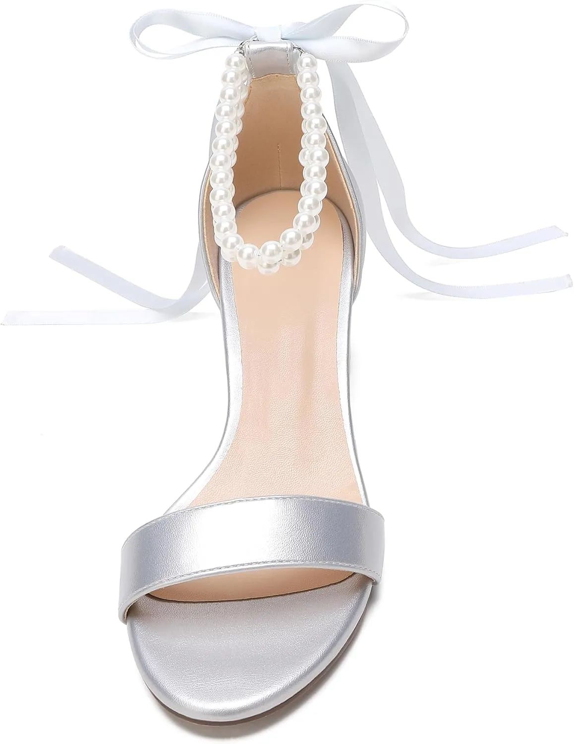 Women's Block Heels Pearl Wedding Shoes for Bride, Open Toe Chunky Low Heel Bridal Shoes
