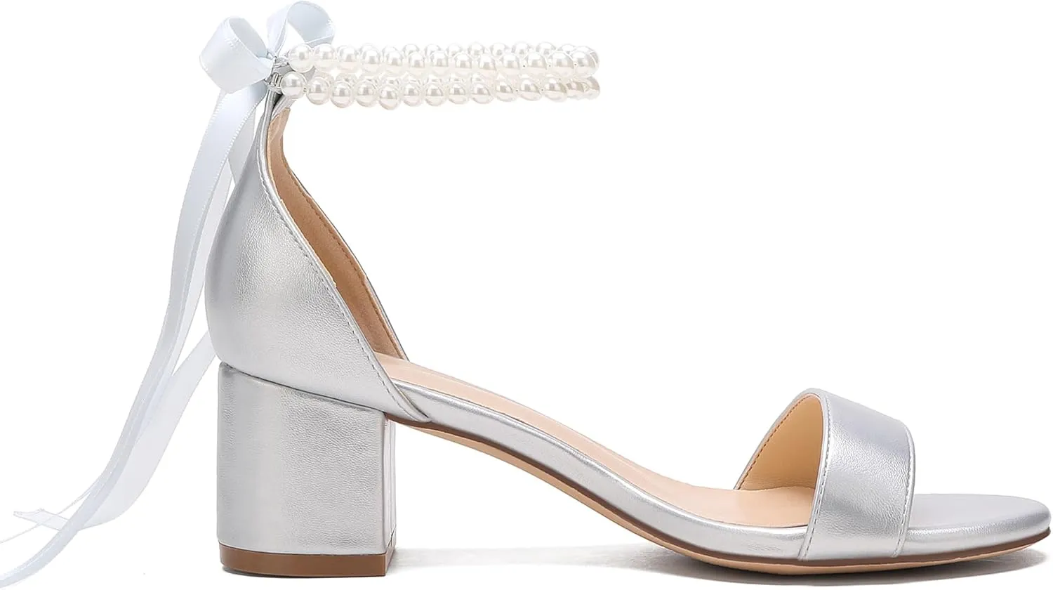 Women's Block Heels Pearl Wedding Shoes for Bride, Open Toe Chunky Low Heel Bridal Shoes