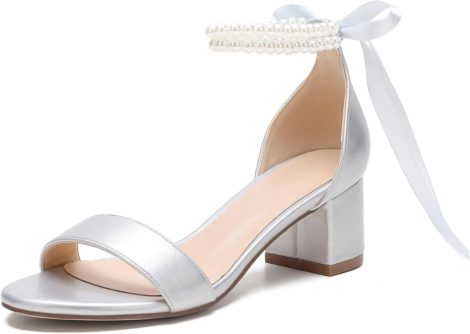 Women's Block Heels Pearl Wedding Shoes for Bride, Open Toe Chunky Low Heel Bridal Shoes