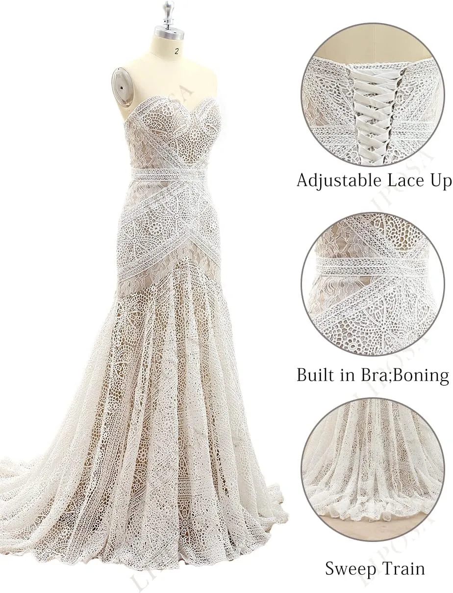 Women's Bohemian Wedding Dresses Sweetheart Mermaid Lace Bridal Gown