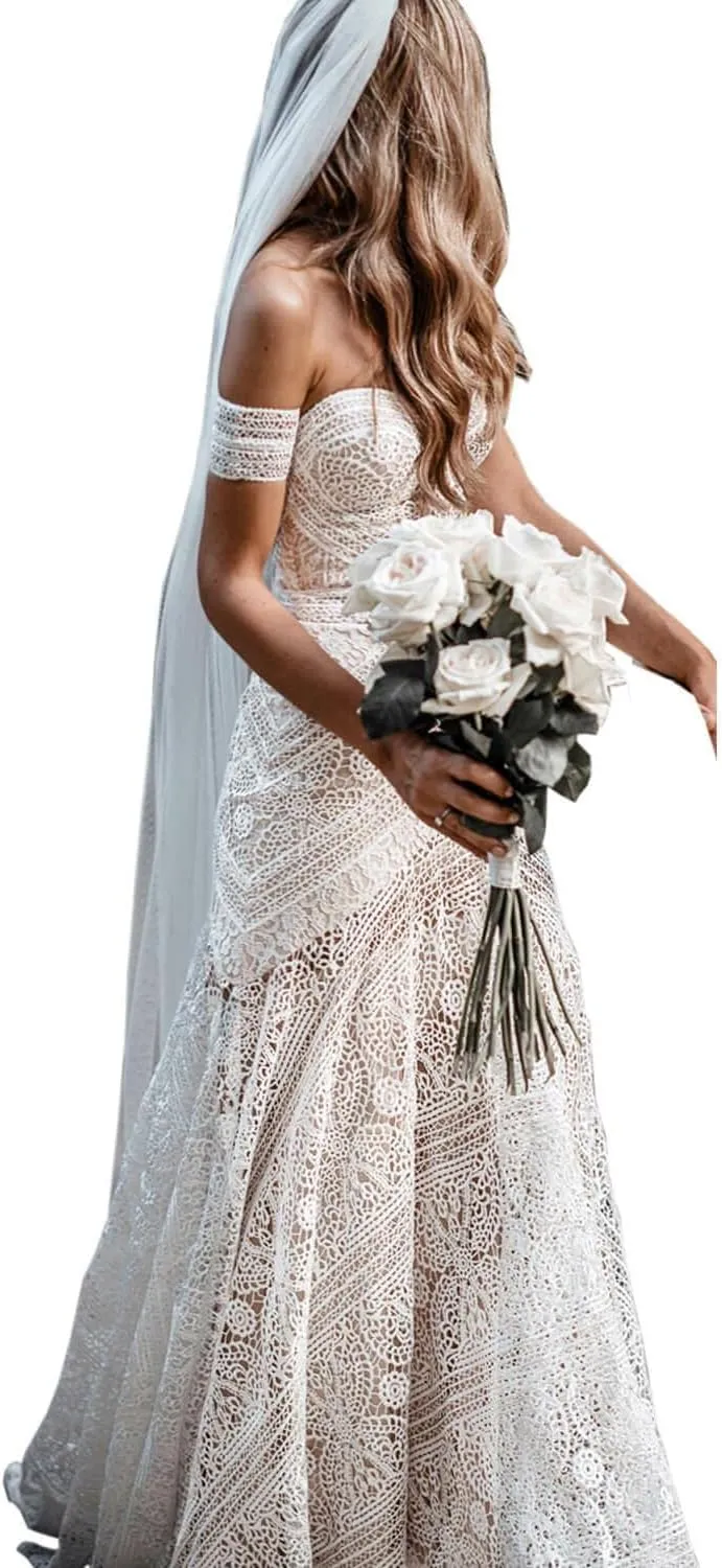 Women's Bohemian Wedding Dresses Sweetheart Mermaid Lace Bridal Gown