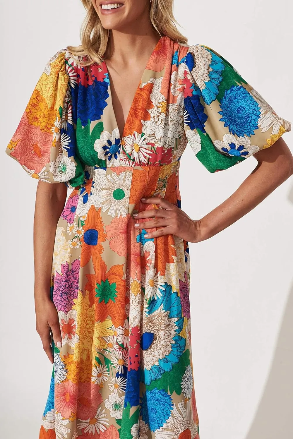 Women's Boho Floral Print Midi Dress Short Sleeve Summer Long Dress